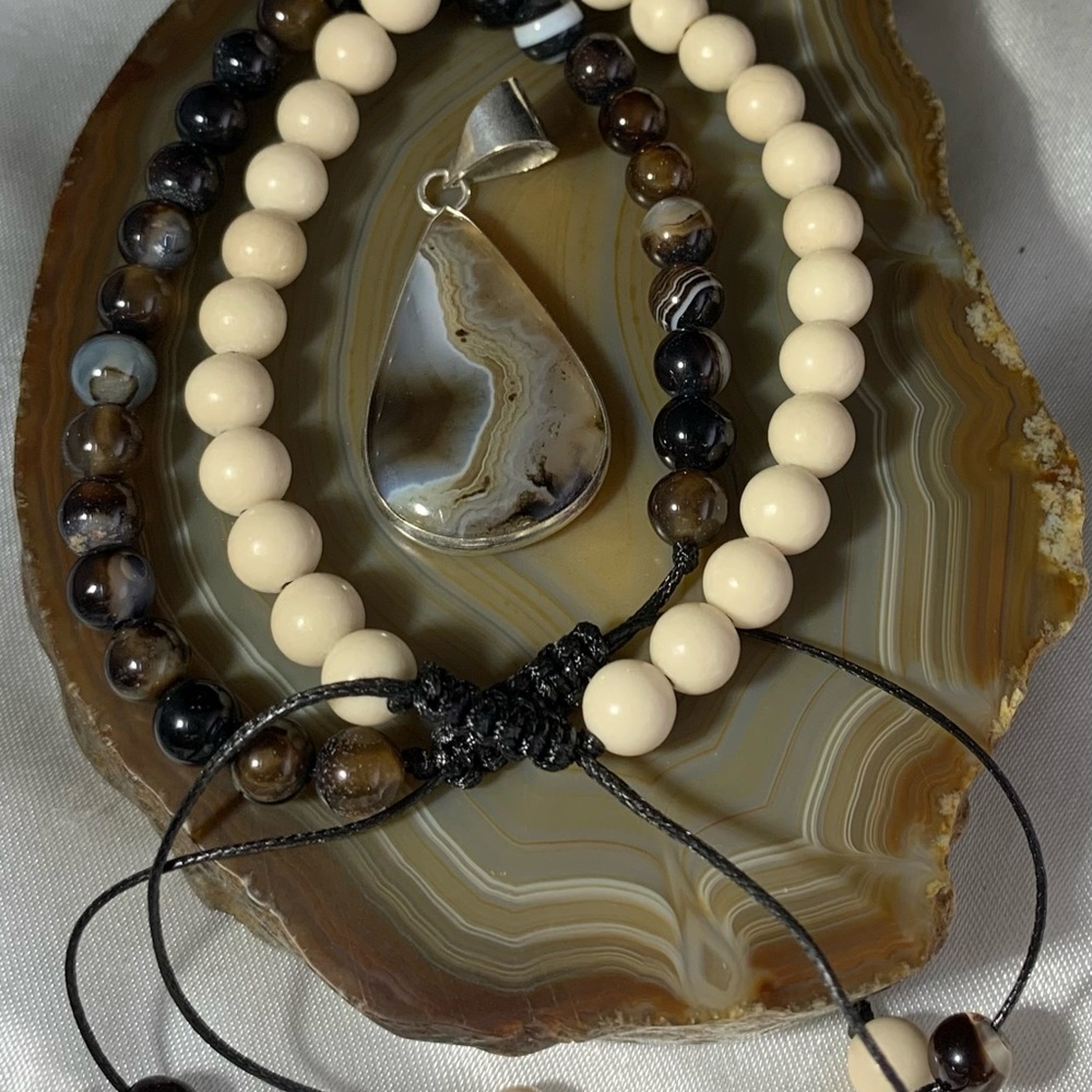 2 Gemstones Bracelets Botswana Agate and River Sand Stone and Pendant